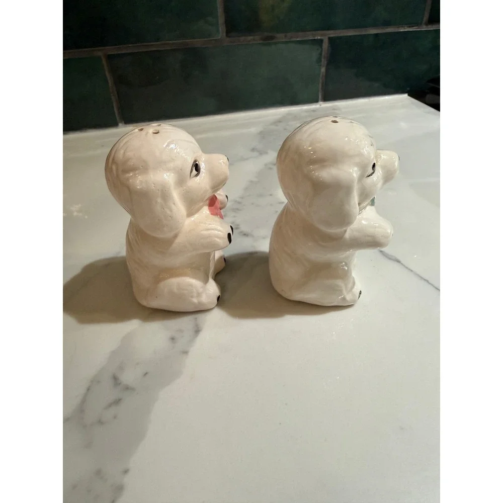 Vintage Ceramic Puppy Dog Salt and Pepper Shakers White Pink Blue Bows Set of 2